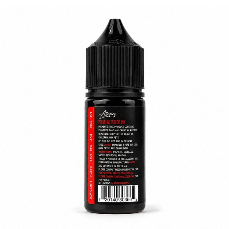 تصویر پشت رنگ تتو Allegory Ultra Black 30ml اصل شامل بارکد، اطلاعات محصول و تاریخ انقضا - روبینا تت
