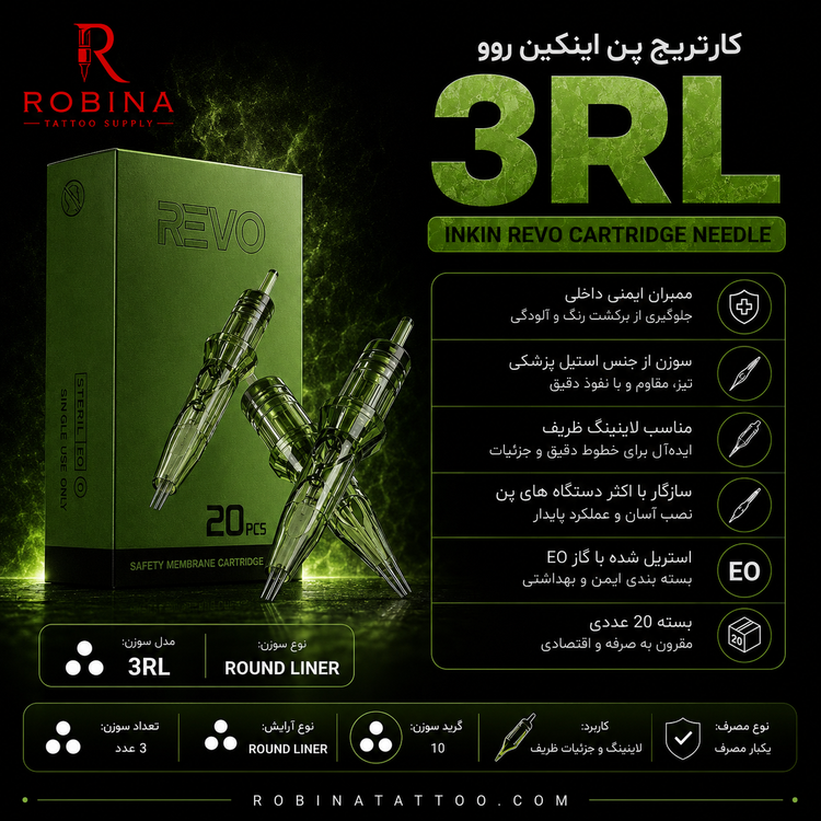 پوستر تبلیغاتی کارتریج پن اینکین روو 3RL با جعبه سبز REVO و کارتریجهای شفاف، مناسب لاینینگ ظریف، اجرای خطوط دقیق و جزئیات تتو، دارای ممبران ایمنی، سوزن استیل پزشکی، استریل EO، بسته ۲۰ عددی، گرید ۱۰ و سازگار با اکثر دستگاههای پن تتو