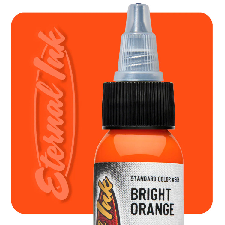 رنگ تتو Eternal Bright Orange حجم ۳۰ میلیلیتر با پسزمینه نارنجی برند Eternal Ink، پیگمنت نارنجی روشن و ماندگار، مناسب تتو حرفهای و ساخت آمریکا