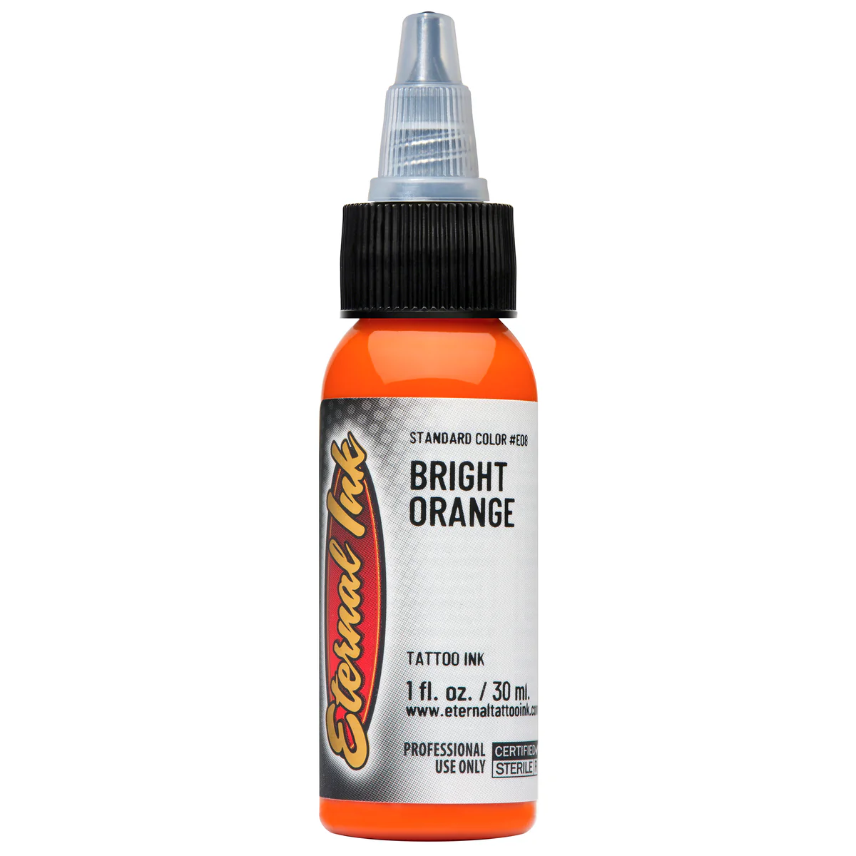 رنگ تتو Eternal Bright Orange حجم ۳۰ میلی‌لیتر (۱ اونس)، رنگ نارنجی روشن با پیگمنت قوی، ساخت آمریکا، مناسب انواع تتو بدن، با فرمول وگان، استریل و بدون تست حیوانی