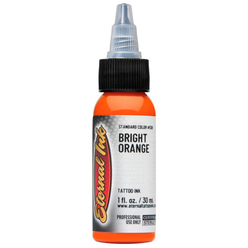 رنگ تتو Eternal Bright Orange حجم ۳۰ میلیلیتر (۱ اونس)، رنگ نارنجی روشن با پیگمنت قوی، ساخت آمریکا، مناسب انواع تتو بدن، با فرمول وگان، استریل و بدون تست حیوانی