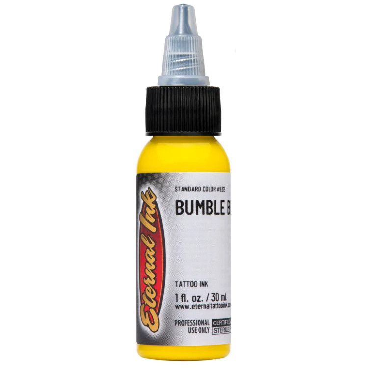 رنگ تتو Eternal Ink Bumble Bee Yellow حجم ۳۰ میلیلیتر، زرد روشن و درخشان با پیگمنت قوی، فرمول وگان و مناسب پرکردن و ترکیب رنگ در تتو بدن