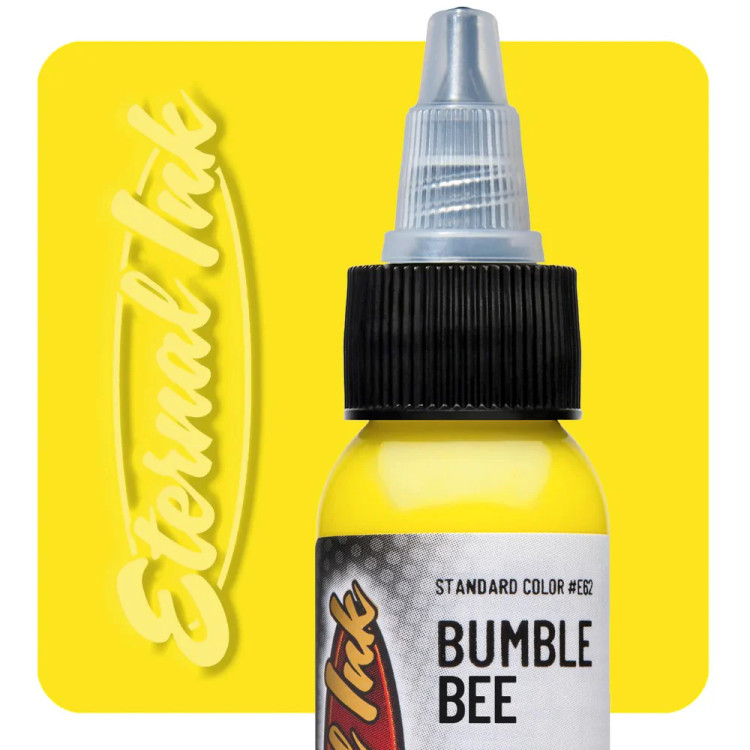 نمای نزدیک رنگ تتو Eternal Ink Bumble Bee Yellow حجم ۳۰ میلیلیتر با پسزمینه زرد برند Eternal Ink، مناسب اجرای رنگ زرد روشن، پرکردن و ترکیب رنگ در تتو بدن