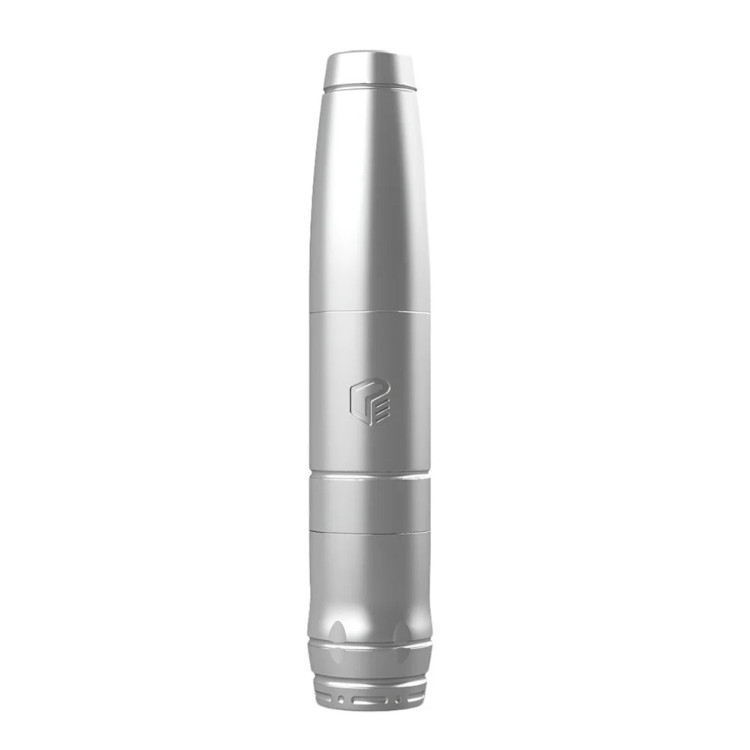 نمای روبهرو دستگاه پن EZ Tattoo Defender 2-in-1 رنگ نقرهای مات با بدنه آلومینیومی سبک، مناسب تتو بدن، آرایش دائم و اسکالپ