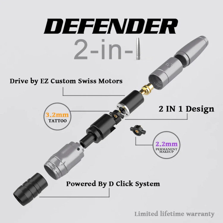 نمای انفجاری دستگاه پن EZ Tattoo Defender 2-in-1 با موتور سوئیسی، سیستم D-Click و دو کورس ۳.۲ میلیمتر برای تتو و ۲.۲ میلیمتر برای آرایش دائم
