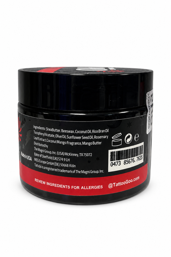 نمای پشت کره تاتو Tattoo Goo PRO Process Butter حجم ۱۷۰ گرم با فهرست ترکیبات، بارکد و هشدار حساسیت روی پسزمینه سفید