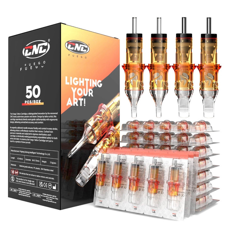 بسته ۵۰ عددی سوزن کارتریج پن CNC FUEGO با کارتریجهای استریل تکی و بدنه شفاف طلایی، مناسب استفاده حرفهای در تاتو