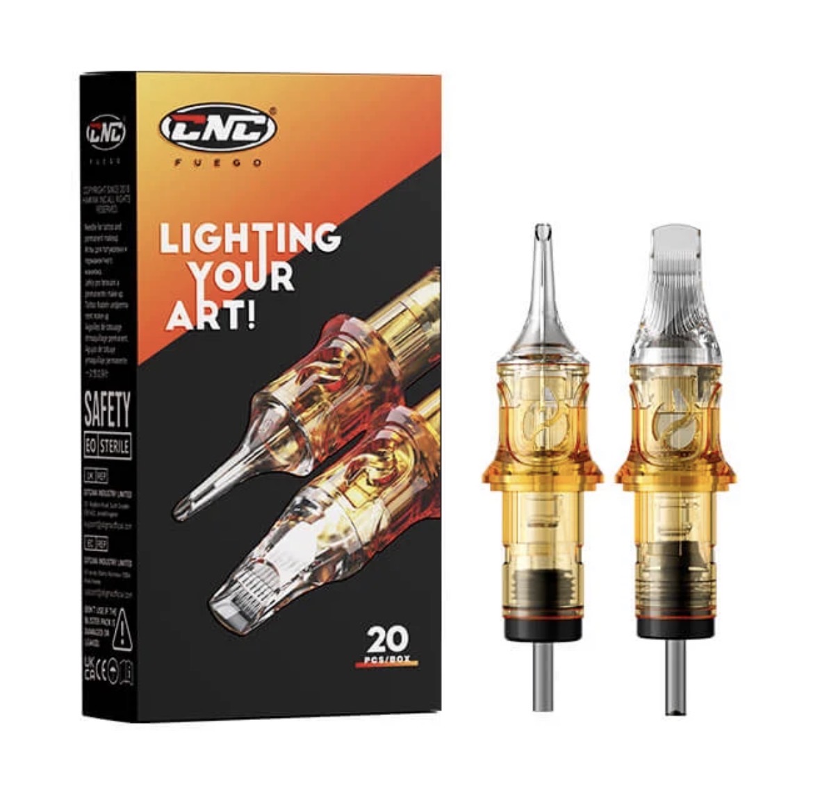 جعبه سوزن کارتریج پن CNC FUEGO مدل 9M1 به همراه دو کارتریج شفاف طلایی، مناسب سایه‌زنی و پرکردن رنگ در تاتو.