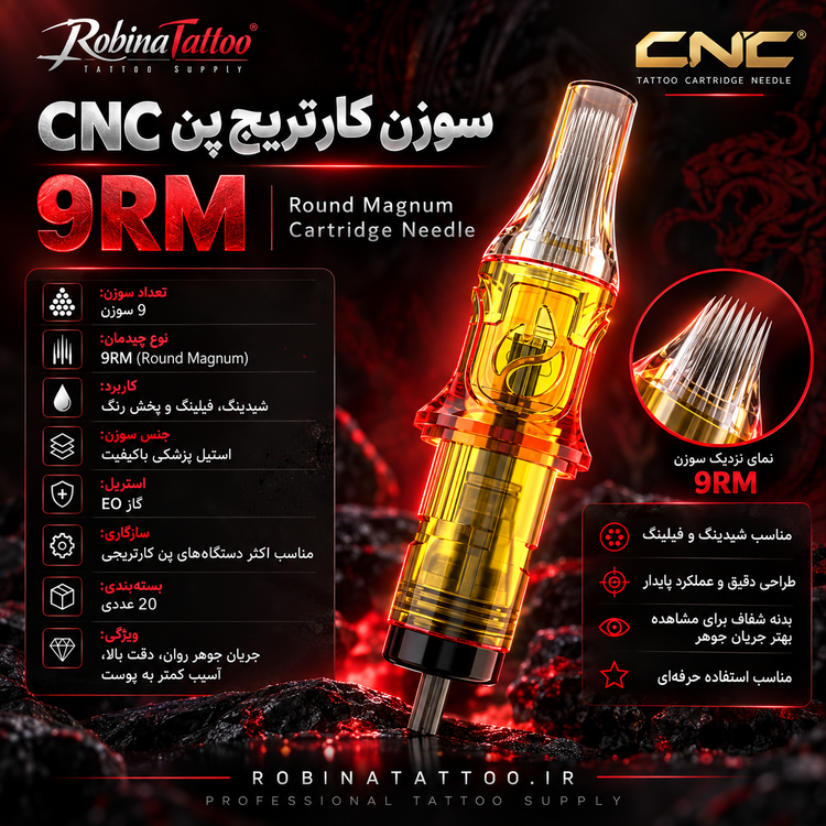 پوستر معرفی سوزن پن CNC 9RM سری FUEGO با چینش Round Magnum نهسوزنه، استریل EO، بسته ۲۰ عددی و مناسب شیدینگ، فیلینگ و پخش یکنواخت رنگ