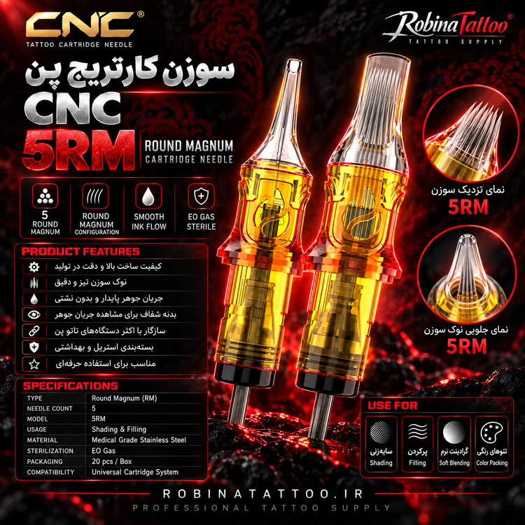 پوستر معرفی سوزن پن CNC 5RM سری FUEGO با چینش Round Magnum پنجسوزنه، استریل EO، بسته ۲۰ عددی و مناسب شیدینگ، فیلینگ، بلندینگ نرم و Color Packing