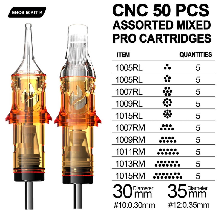 جدول بسته ترکیبی ۵۰ عددی سوزن کارتریج CNC FUEGO شامل مدلهای RL و RM با سایزهای مختلف و قطرهای 0.30 و 0.35 میلیمتر برای کاربردهای متنوع تاتو.