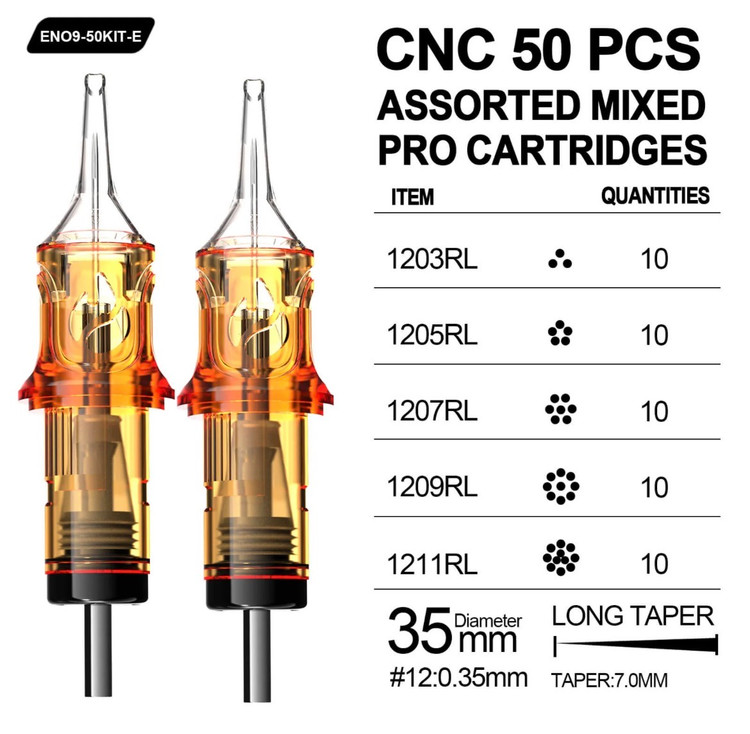 جدول بسته ترکیبی ۵۰ عددی سوزن کارتریج CNC FUEGO مدل RL شامل سایزهای 3RL، 5RL، 7RL، 9RL و 11RL با قطر 0.35 میلیمتر و Long Taper 7 میلیمتر
