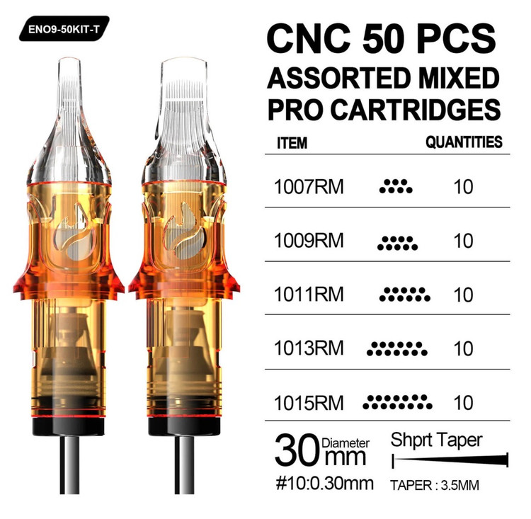 جدول بسته ترکیبی ۵۰ عددی سوزن کارتریج CNC FUEGO مدل RM شامل سایزهای 7RM، 9RM، 11RM، 13RM و 15RM با قطر 0.30 میلیمتر و Short Taper 3.5 میلیمتر