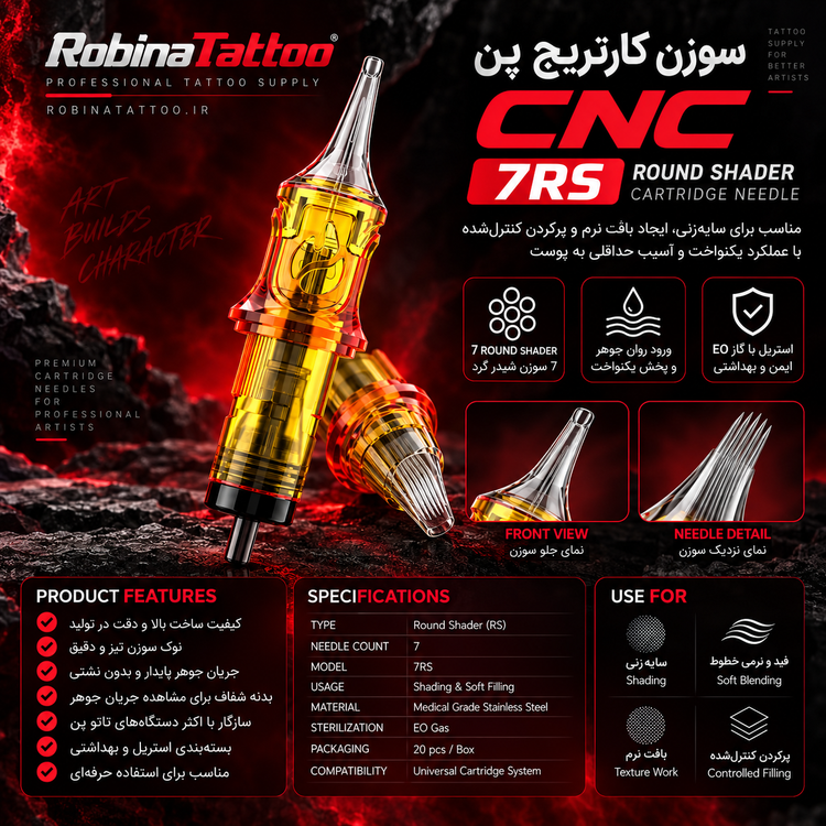 پوستر سوزن کارتریج CNC 7RS با چینش Round Shader هفتسوزنه، مناسب شیدینگ، بلِند نرم و پرکردن کنترلشده، استریل EO و بسته ۲۰ عددی