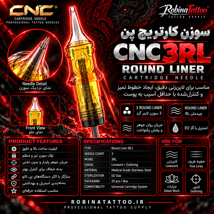 پوستر سوزن کارتریج CNC 3RL با چینش Round Liner سهسوزنه، مناسب لاینورک، خطوط ظریف، جزئیات و دورگیری، استریل EO و بسته ۲۰ عددی